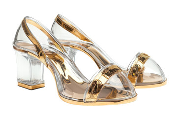 Elegant gold-accented transparent heels, perfect for a glamorous evening, showcasing a chic and modern design with a clear block heel.