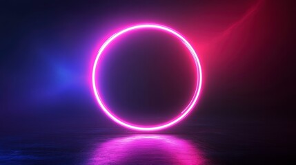 Obraz premium Glowing neon pink circle ring, futuristic, abstract, dark background, reflection.