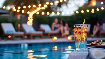 A vibrant poolside gathering with friends engaged in animated conversation.