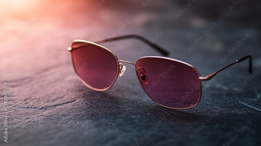 Aufkleber close-up view of stylish sunglasses resting on a matte black stone surface illuminated by soft light