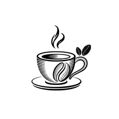 Vintage Coffee Cup Logo, Vector Line Art, Herbal Accents