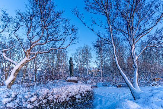View of the Jonas Hallgrimsson statue, 1807-1845, in the city centre of Reykjavik at sunset in winter, Reykjavik