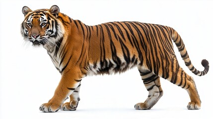 Obraz premium Majestic Bengal tiger walking gracefully on a plain white background.