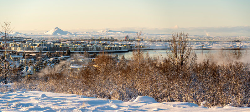 View of landscape and coast on a sunny day in winter from Kopavogskirkja, Reykjavik