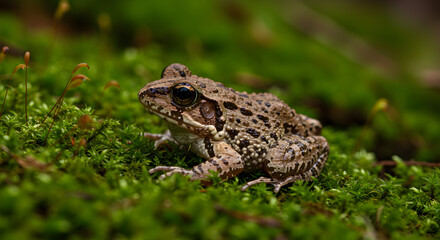 Obraz premium Camouflaged amphibian: a speckled frog blending seamlessly into a mossy habitat