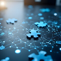 Blue glowing holographic figures, symbolizing family unity, interconnected by puzzle pieces on a dark background. Technology and education merge, suggesting relationships and systems