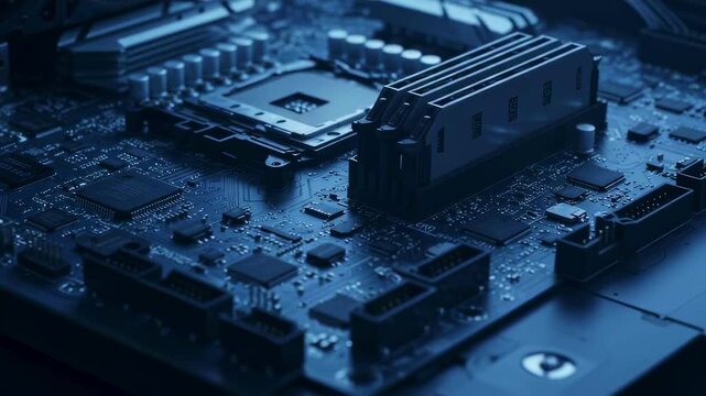 Close up electronic circuit board with ram memory modules