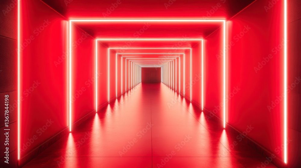 Poster red neon lights illuminate a long corridor, creating a futuristic and vibrant atmosphere.