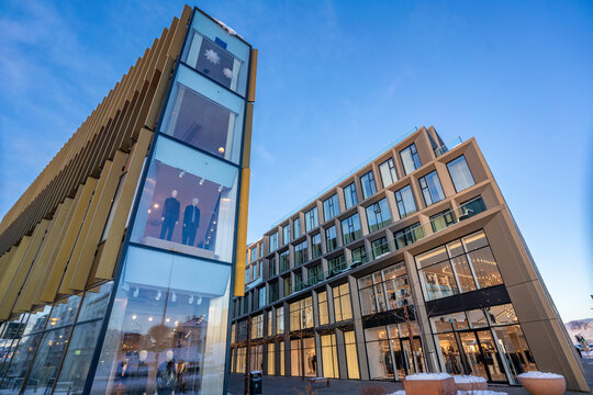 View of contemporary shops in the city centre, Reykjavik