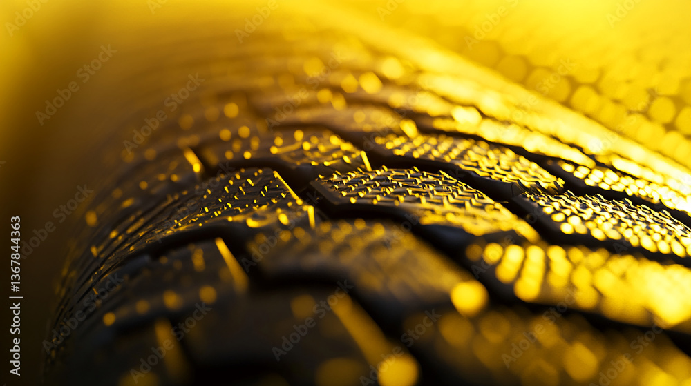Poster close-up of dark tire tread texture illuminated by warm yellow light, showcasing deep grooves and su