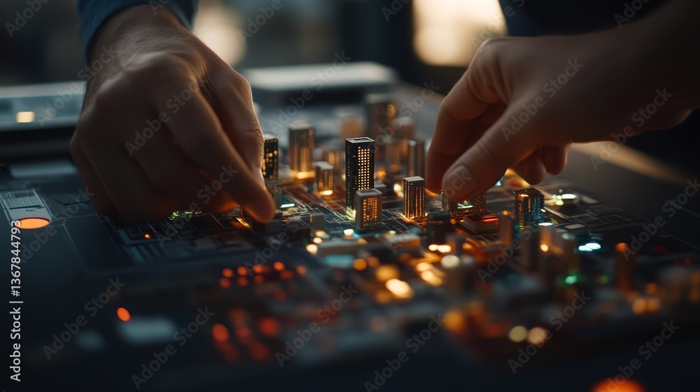 Poster hands position small skyscrapers on a blueprint, highlighted by financial graphs, representing inves