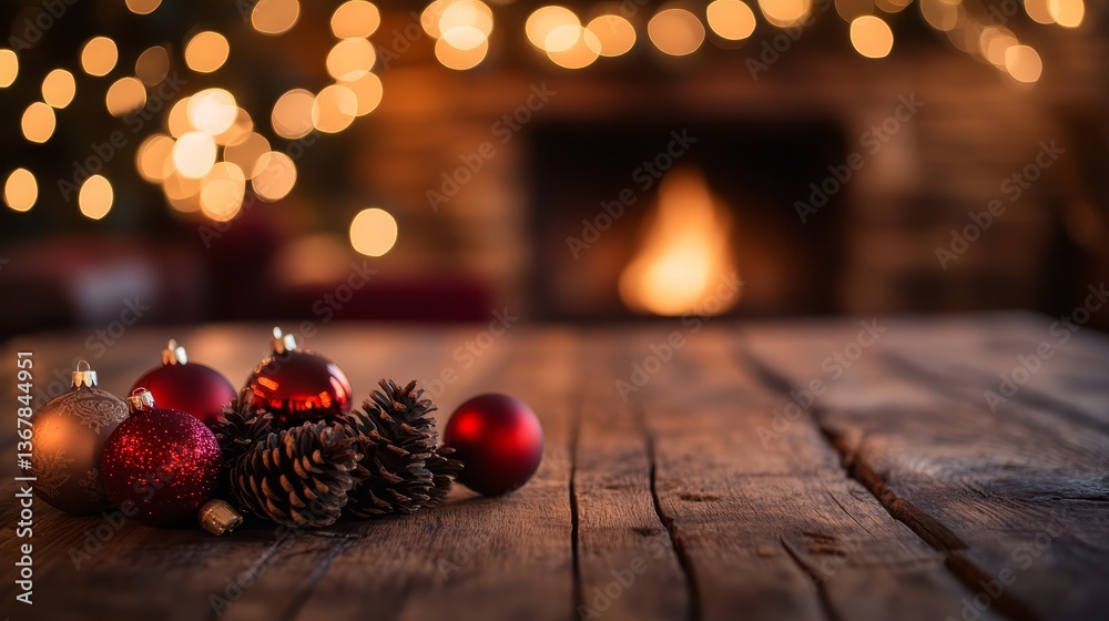 Poster a close-up shows christmas ornaments and pine cones on a rustic table, with twinkling lights and a w