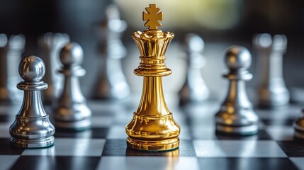 Chess pieces on a board with a golden king in focus surrounded by silver pawns, highlighting a strategic game in progress