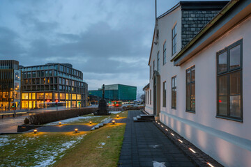 View of Prime Minister's Office in city centre of Reykjavik at dusk, Reykjavik