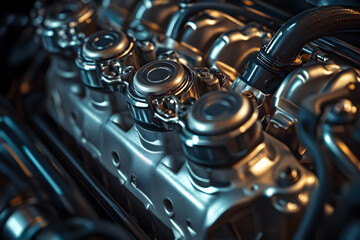 Close-up of shiny metallic engine components and car machinery details