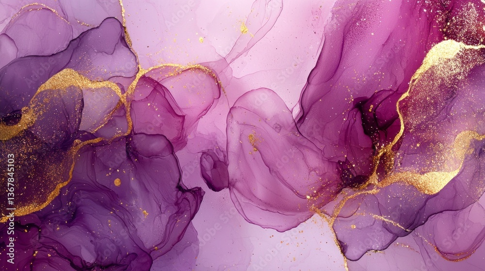Poster Swirling layers of luscious purple hues intertwine with radiant gold, creating an enchanting visual symphony. The abstract texture invites the viewer to explore its depth and richness