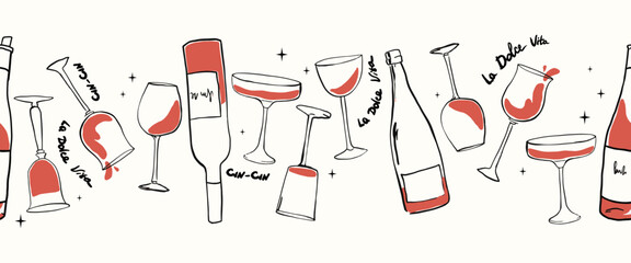 Naive drawing horizontal vector pattern with bottles in Dolce Vita aesthetic. Hand-drawn chalk wine illustrations. A collection of whimsical doodle line art. Vintage ink elements for menus and posters