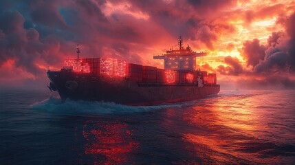 Dramatic and vibrant sunset scene with a large cargo container ship sailing in the open ocean surrounded by stormy clouds and waves  The fiery orange and red hues of the sky reflect off the water