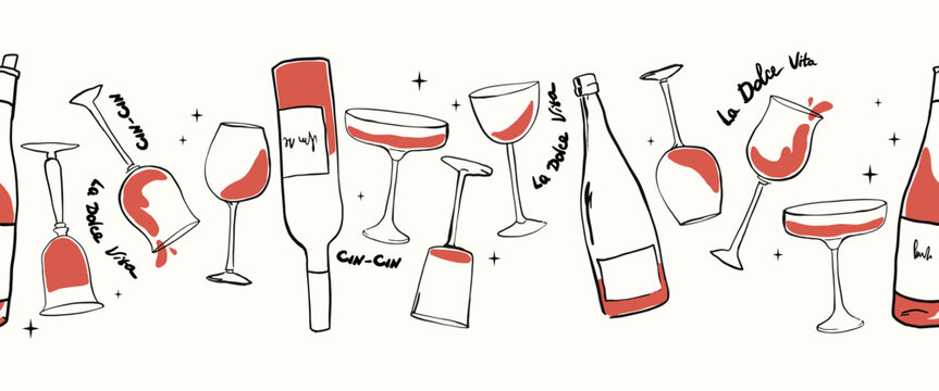 Naive drawing horizontal vector pattern with bottles in Dolce Vita aesthetic. Hand-drawn chalk wine illustrations. A collection of whimsical doodle line art. Vintage ink elements for menus and posters - Powered by Adobe