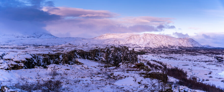 Continental drift between North American and Eurasian tectonic plates, Thingvellir National Park in winter, UNESCO, Western Region