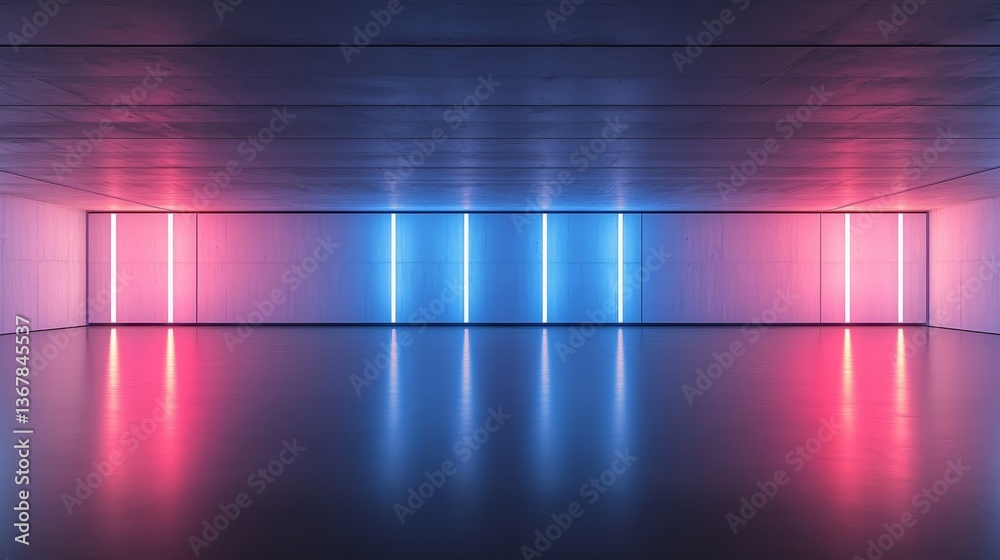 Poster saturated blue and pink led panels enhance a minimalist workspace featuring geometric sculptures tha