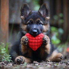 Adorable german shepherd puppy holding a red heart shaped toy