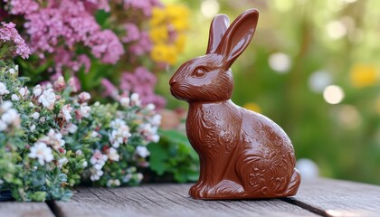Chocolate Easter Bunny on a Rustic Wooden Table, With Spring Flowers in the Background