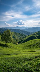 Naklejka premium Expansive tea fields stretch across rolling hills under a vibrant blue sky, creating a calm and peaceful atmosphere
