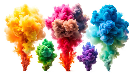 a set of multi colored smoke bomb explosion emitting clouds isolated on white background PNG. GENERATIVE AI