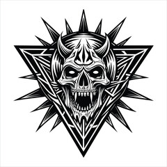 Logo with a skull in death metal style. Trendy logotype. Black and white vector illustrtaion.