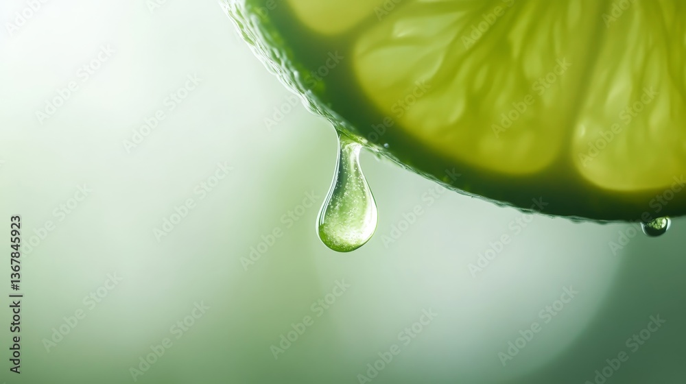 Poster A droplet of lime juice hangs mid-air with a green lime slice softly blurred behind it, creating an atmosphere of freshness and zest in natural light