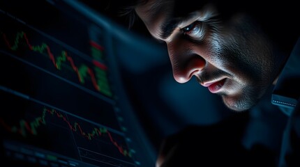 Man intently watching stock market graphs on a screen in a dimly lit environment at night