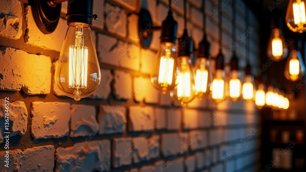 Poster vintage style light bulbs illuminating wall in warm glow, creating a nostalgic atmosphere with retro