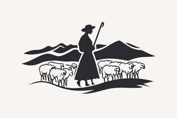 Minimalist Black and White Logo Shepherdess with Flock in Mountain Landscape