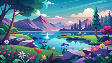 Serene Lake Landscape with Flowers and Mist