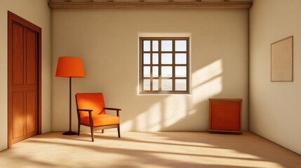 Fototapeta premium Simple, sunlit room with orange accents. A peaceful, minimalist interior featuring a wooden floor, light beige walls, and a warm orange armchair and lamp.