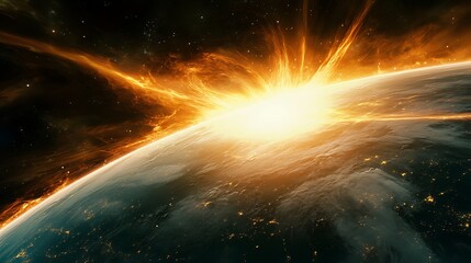 Obraz premium Cosmic Dawn: A Fiery Sunrise Over Earth