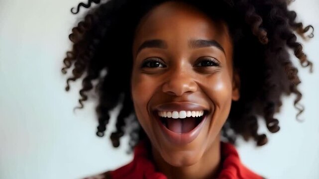 Happily surprized black African American woman isolated on a white background