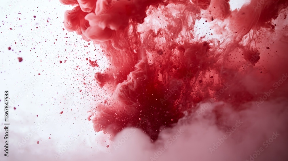 Aufkleber red ink bursts outward in a dynamic display on a pristine white surface, freezing mid-motion to emph