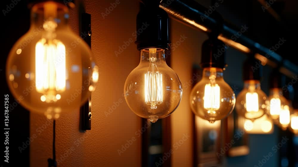 Poster vintage style light bulbs illuminating wall in warm glow, creating a nostalgic atmosphere with retro