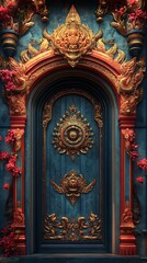 Fototapeta premium Ornate Blue Door with Gold Carvings and Red Flowers