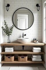 Fototapeta premium Modern Bathroom with Round Mirror and Wooden Shelves