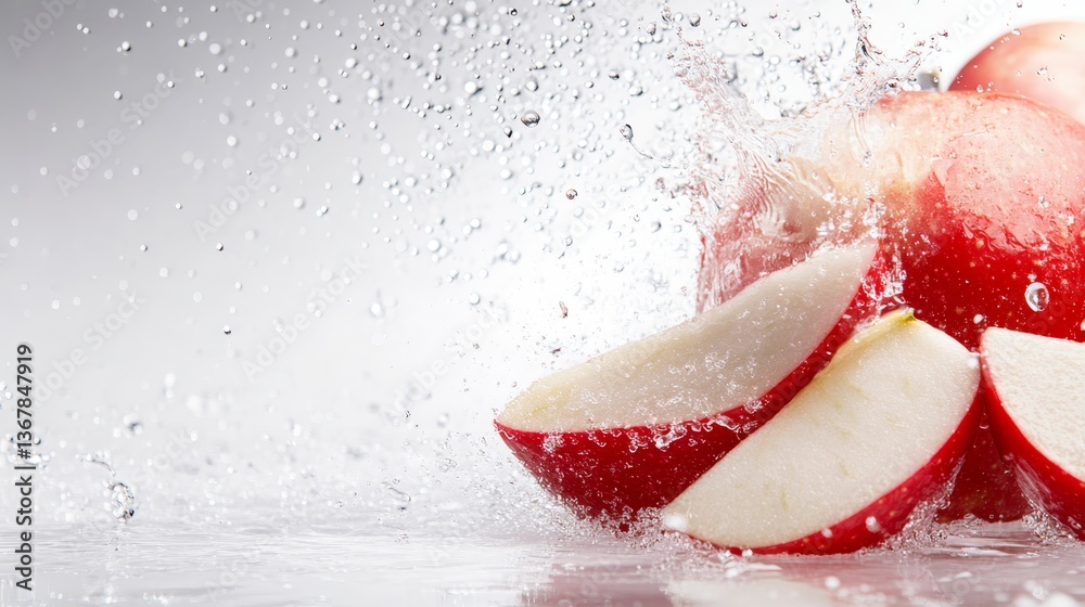 Poster Apple slices are captured in a high-speed shot as they splash with water droplets, emphasizing the freshness and juiciness against a light grey backdrop