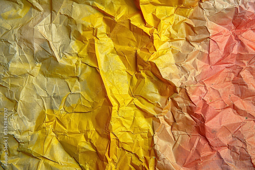 Poster abstract textured background created with crumpled paper in yellow, orange, and red tones