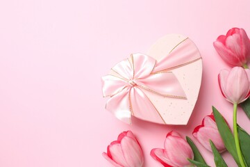 Happy Mother's Day. Beautiful bouquet of fresh tulips and gift box on a colored background