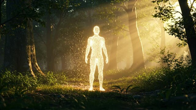 Glowing energy human silhouette standing in a forest
