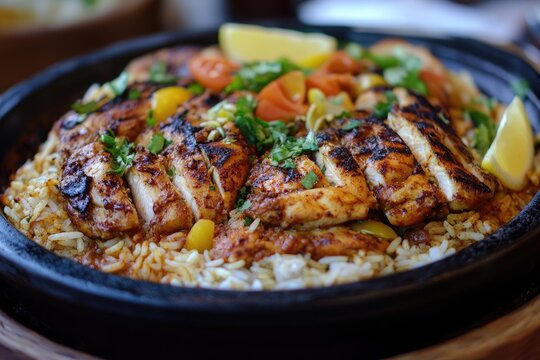 A sizzling plate of kabsa al dajaj with spiced chicken and rice