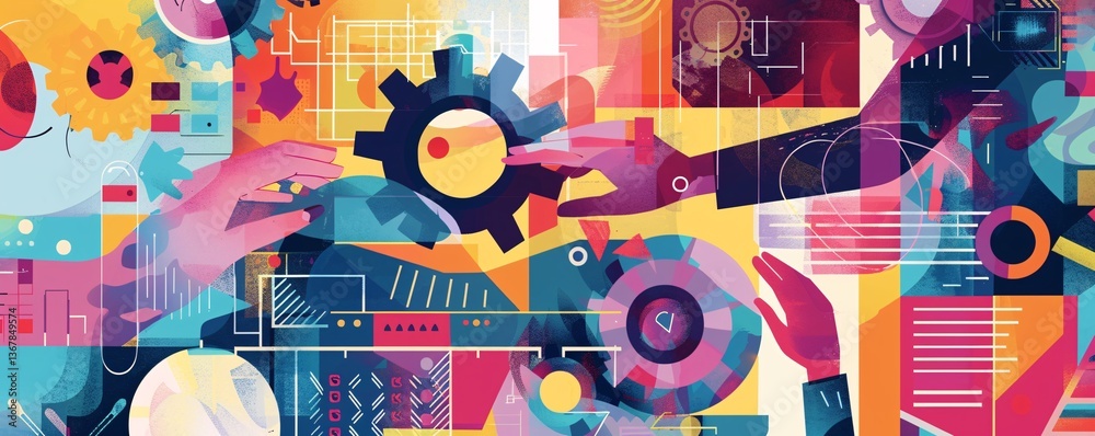 Poster abstract illustration of business people joining their hands to build a new project