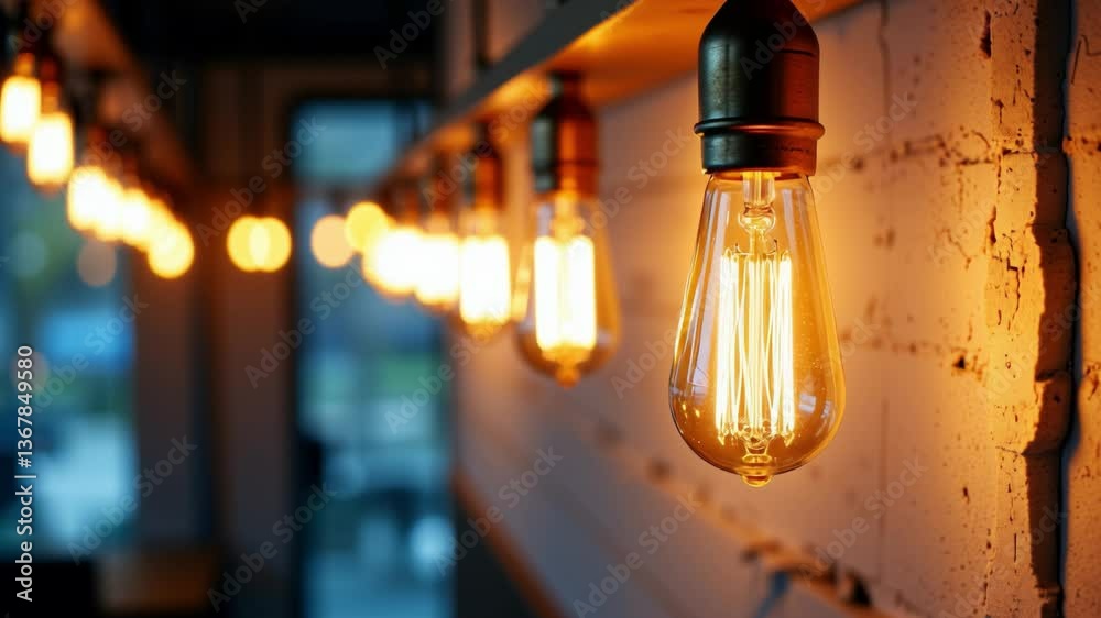 Poster vintage style light bulbs illuminating wall in warm glow, creating a nostalgic atmosphere with retro
