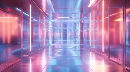Futuristic neon-lit corridor with reflective walls and floor.